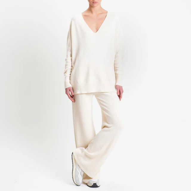 Haveone-Completo maglia scollo v + pantalone - panna